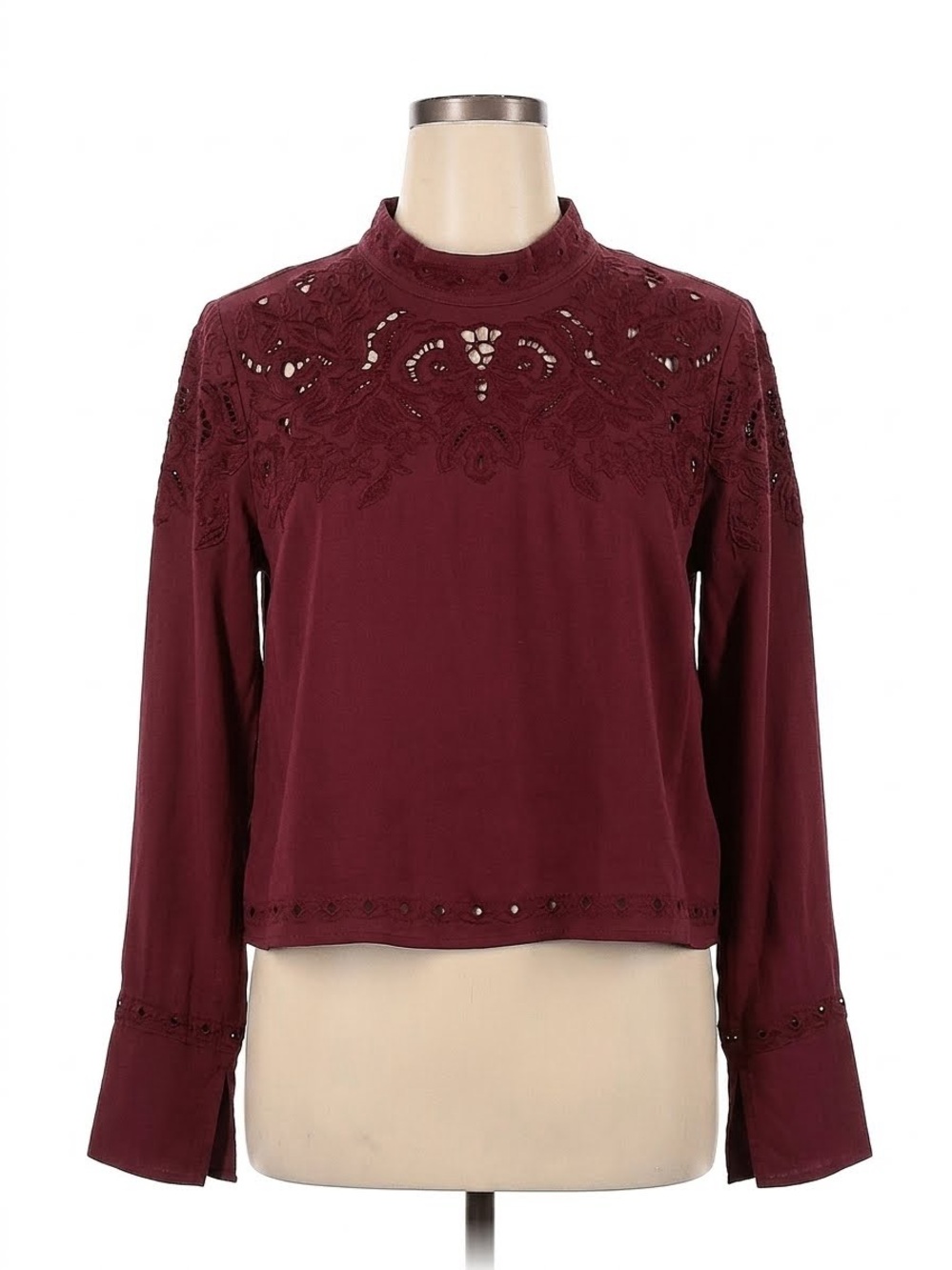 Astr Embroidered Mock Neck Long-Sleeve Top - Burgundy, Size S